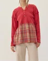 Jodifl Plaid Babydoll Henley In Cranberry In Pink