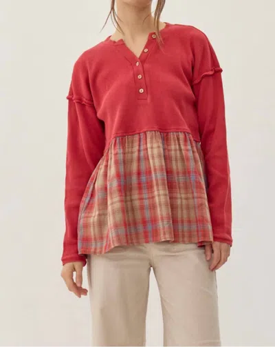 Jodifl Plaid Babydoll Henley In Cranberry In Pink