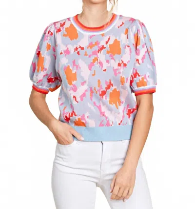 Jodifl Print Knit Short Bubble Sleeve Sweater In Powder Blue In Multi
