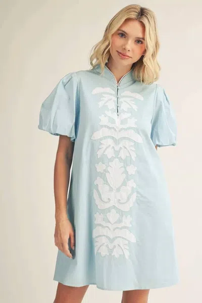 Jodifl Puff Sleeve Floral Applique Mini Dress In Aqua In Blue