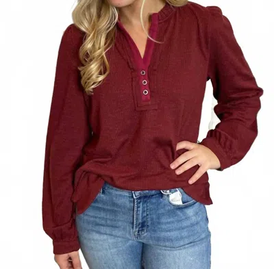 Jodifl Ribbed Henley Tee With Ruffle Neck In Burgundy In Red