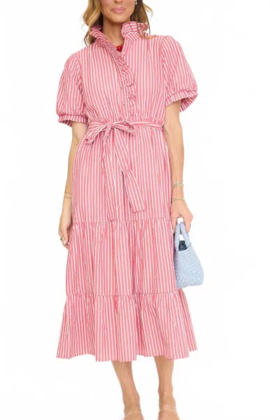 Jodifl Ruffle Detail Tiered Stripe Midi Dress In Pink