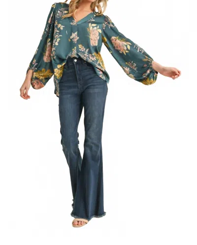 Jodifl Satin Floral Print Blouse With Bubble Sleeves In Teal In Blue