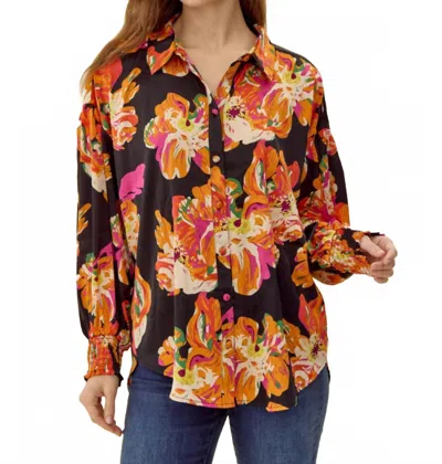 Jodifl Satin Vibrant Flower Print Button Front Shirt In Black In Multi