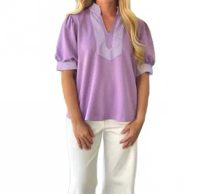 Jodifl Short Puff Sleeves High Neck Stripe Top In Lavender In Purple