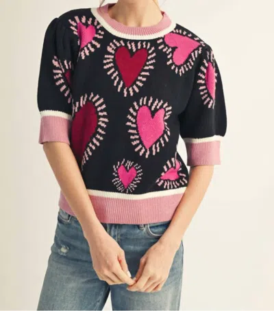 Jodifl Short Puff Sleeves Lovely Heart Sweater Top In Black In Multi