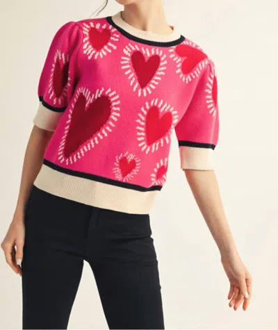 Jodifl Short Puff Sleeves Lovely Heart Sweater Top In Hot Pink In Red