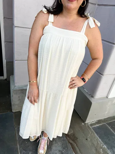 Jodifl Shoulder Tie Tiered Midi Dress In White