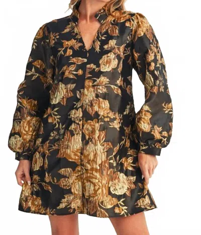 Jodifl Sienna Mini Dress In Black Brown Gold Jacquard Floral
