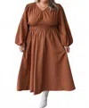 Jodifl Smocked Waistband Balloon Sleeve Midi Dress In Toffee Brown In Brown