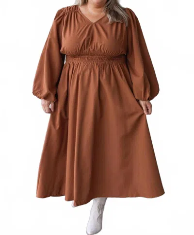 Jodifl Smocked Waistband Balloon Sleeve Midi Dress In Toffee Brown