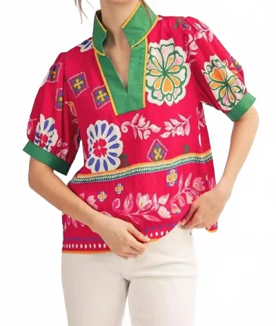 Jodifl Solid Trim Vibrant Print Top In Fuchsia In Multi