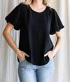 Jodifl Solid U-neck Short Puffed Sleeved Top In Black In Black