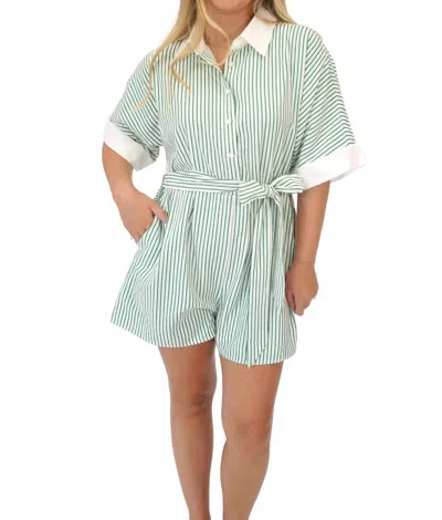 Jodifl Striped Belted Button-front Romper In Green & White