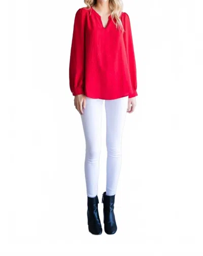 Jodifl Textured Top With A Collarless Neckline & Long Bubble Sleeves In Tomato Red