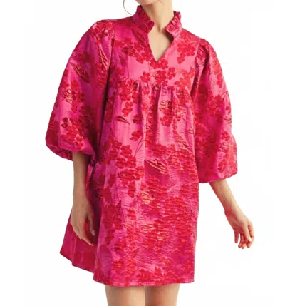 Jodifl Three Quarter Puff Sleeve Floral Jacquard Mini Dress In Hot Pink