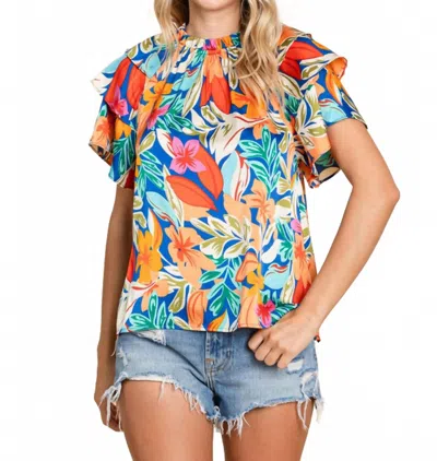 Jodifl Tropical Floral Print Ruffled Sleeve Top In Orange & Royal Blue In Multi