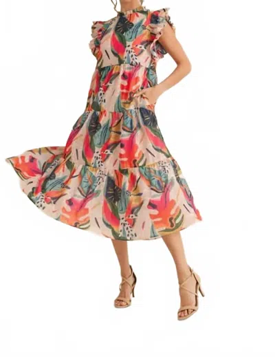 Jodifl Tropical Print Ruffle Sleeve Midi Dress In Pink Multi