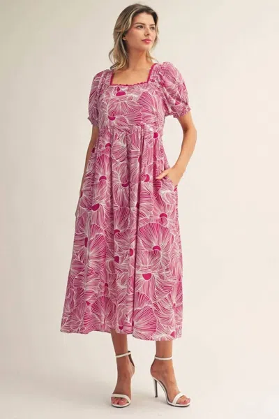 Jodifl Tropical Print Square Neck Short Puff Sleeve Dress In Magenta In Pink