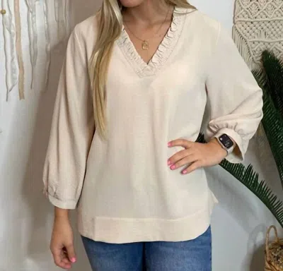 Jodifl V-neck Ruffled Long Sleeve Top In Oatmeal In White