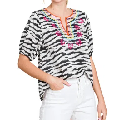 Jodifl Zebra Print Embroidered Yoke Top In Black/white In Multi