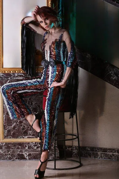 Joe Yazigi Haute Couture Embellished ¾ Sleeve Jumpsuit In Multi