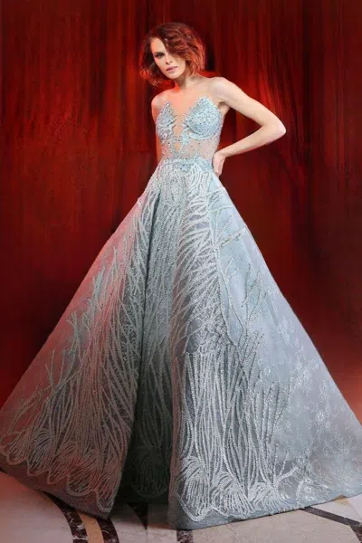 Joe Yazigi Haute Couture Embroidered A-line Illusion Gown In Blue