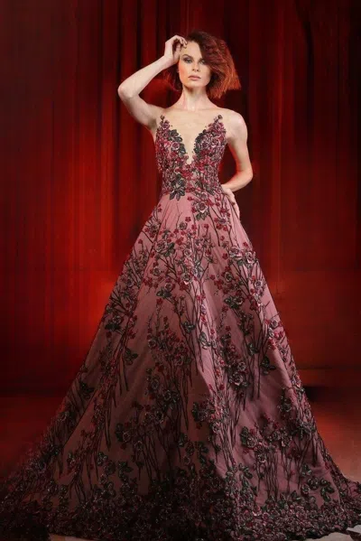 Joe Yazigi Haute Couture Floral Fully Embroidered A-line Gown In Pink