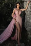 Joe Yazigi Haute Couture Fully Beaded Gown With Side Drape In Pink