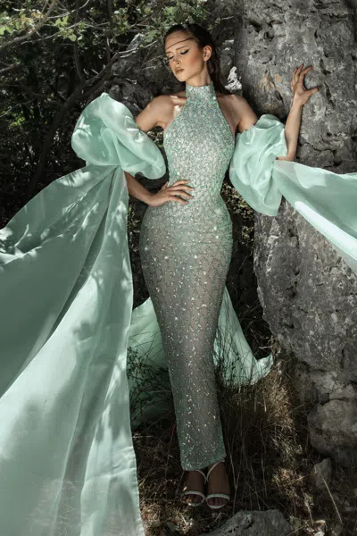 Joe Yazigi Haute Couture High Neck Fully Beaded Gown In Green