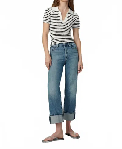 Joe's Jeans Jess Pointelle Polo Shirt In Milk/black Stripe In Blue