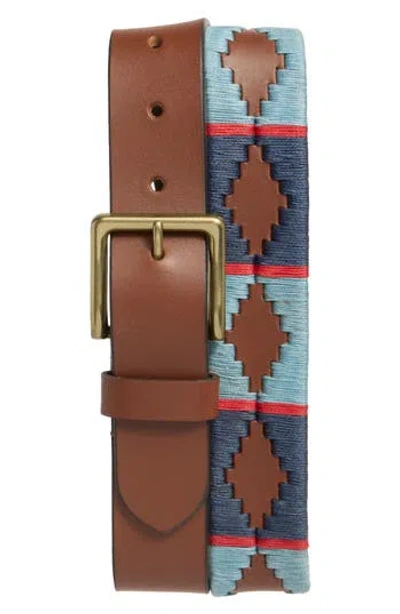 Joe's Jeans Geometric Stitch Leather Belt In Brown/navy/red
