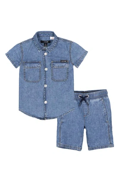 Joe's Jeans Kids' Chambray Short Sleeve Snap-up Shirt & Shorts Set In Blue