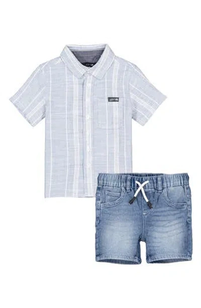 Joe's Jeans Kids' Stripe Button-up Shirt & Denim Shorts Set In Light Blue