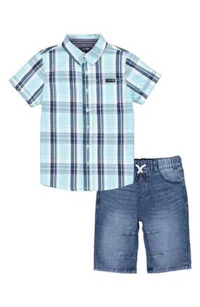 Joe's Jeans Babies'  Plaid Short Sleeve Button-up Shirt & Denim Shorts Set In Blue