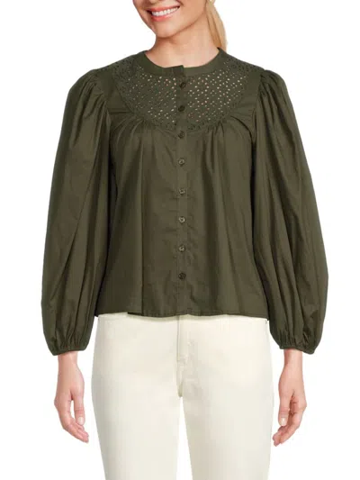 Joe's Jeans Women's Puff Sleeve Eyelet Top In Forest Night