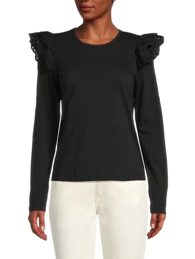 Joe's Jeans Women's Ruffle Eyelet Sleeve Top In Black