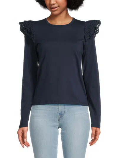 Joe's Jeans Women's Ruffle Eyelet Sleeve Top In Navy