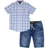Joe's Check Short Sleeve Button-up Shirt & Denim Shorts Set In Aqua