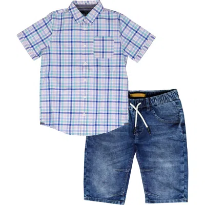 Joe's Babies'  Check Short Sleeve Button-up Shirt & Denim Shorts Set In Aqua
