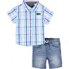 Joe's Check Short Sleeve Button-up Shirt & Denim Shorts Set In Blue