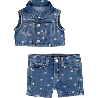 Joe's Babies'  Heart Print Denim Vest & Shorts Set In Medium Wash