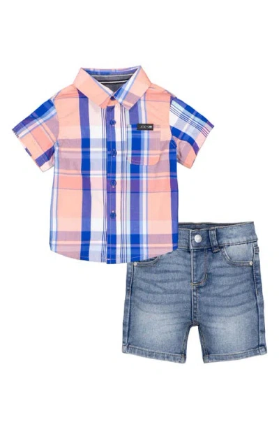 Joe's Babies'  Plaid Short Sleeve Button-up Shirt & Denim Shorts Set In Multi