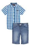 Joe's Plaid Short Sleeve Button-up Shirt & Denim Shorts Set In Blue