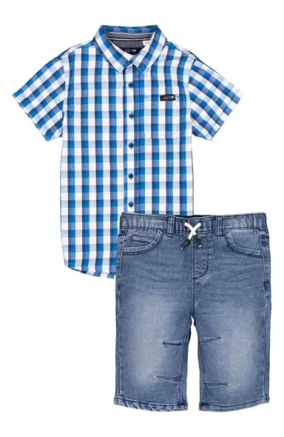 Joe's Babies'  Plaid Short Sleeve Button-up Shirt & Denim Shorts Set In Blue