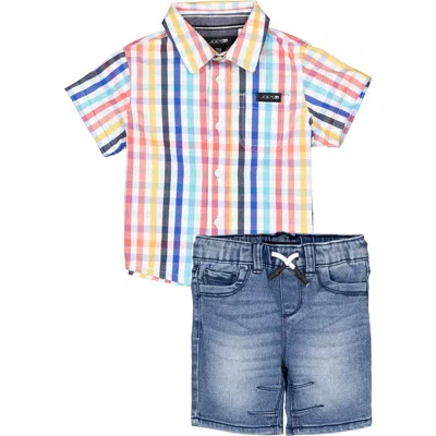 Joe's Babies'  Plaid Short Sleeve Button-up Shirt & Denim Shorts Set In Blue Multi