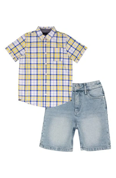 Joe's Babies'  Plaid Short Sleeve Button-up Shirt & Denim Shorts Set In Yellow