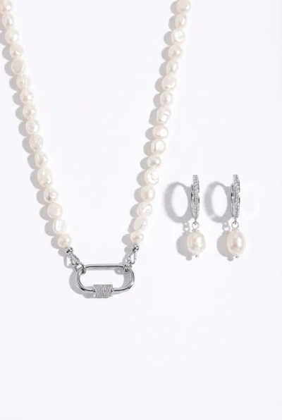 Joey Baby Baroque Pearl Stainless Steel Necklace And Huggie Earring Set In Metallic