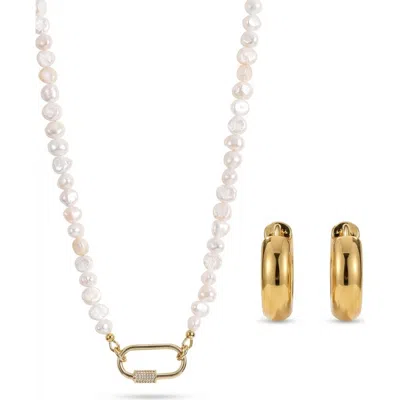 Joey Baby Carabiner Lock Style Freshwater Pearl Necklace And Earring Set In Gold