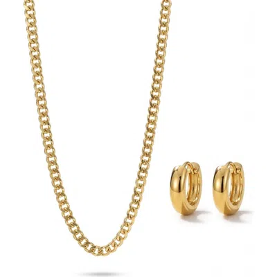 Joey Baby Cuban Link Chain 18k Gold Plated Necklace And Huggie Earring Set